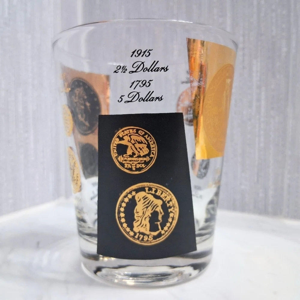 Vintage Cera US Coins Double Old Fashioned Glasses 22k Historical Barware Pair
